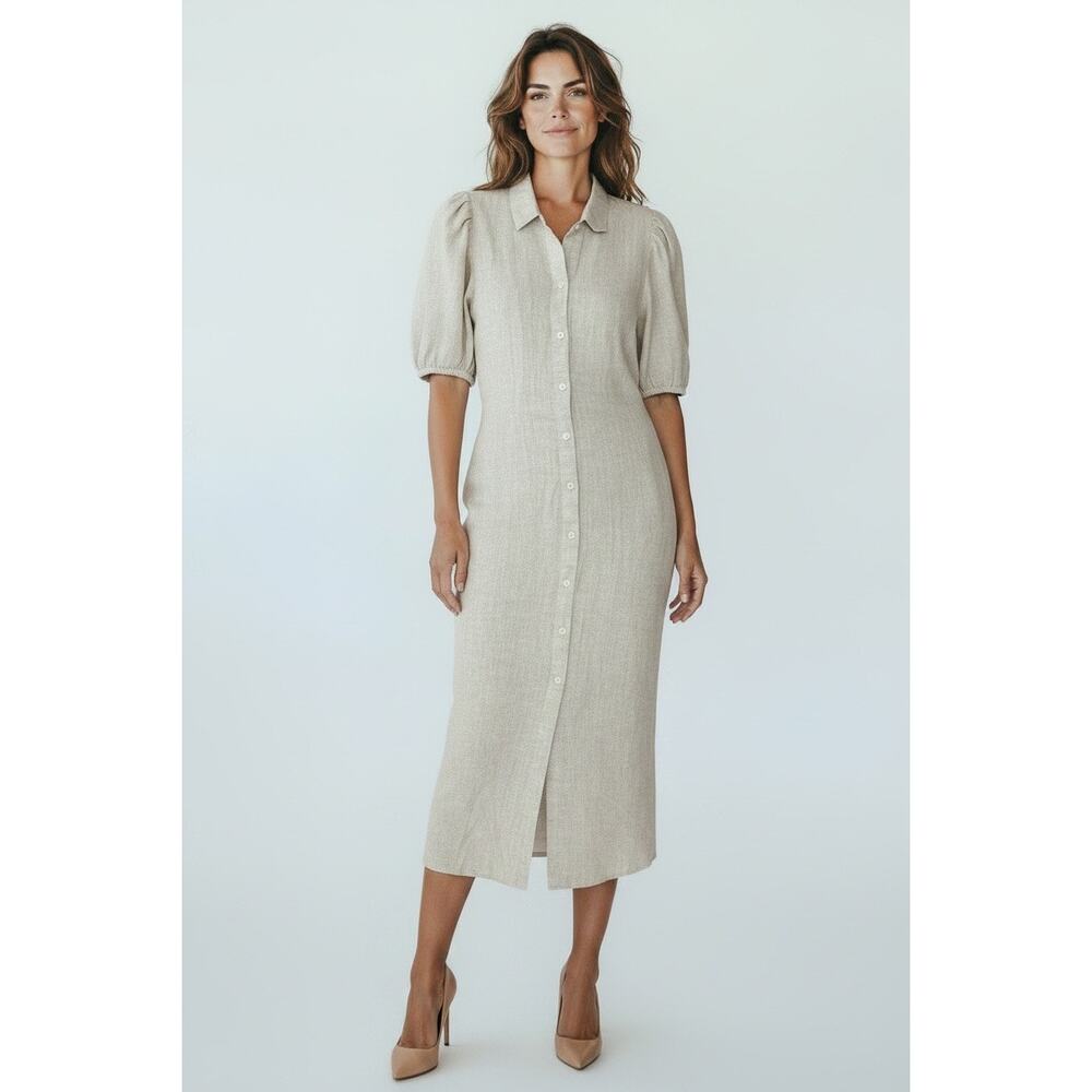 Caliban 100% Linen Puff Sleeve Maxi Dress